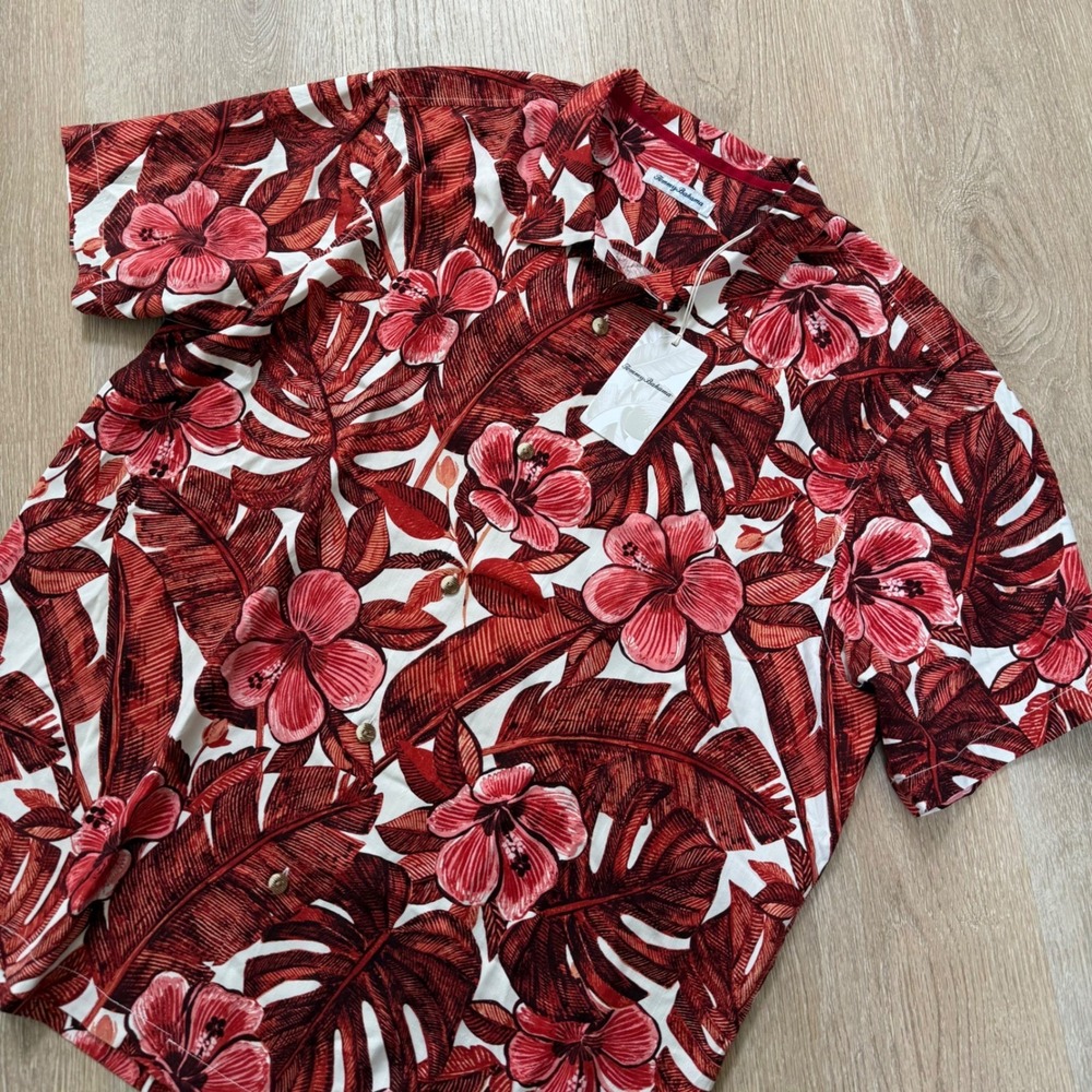 Tommy Bahama Floral Lush Camp Shirt Mens XL Chili Pepper Red 100% Silk NWT
